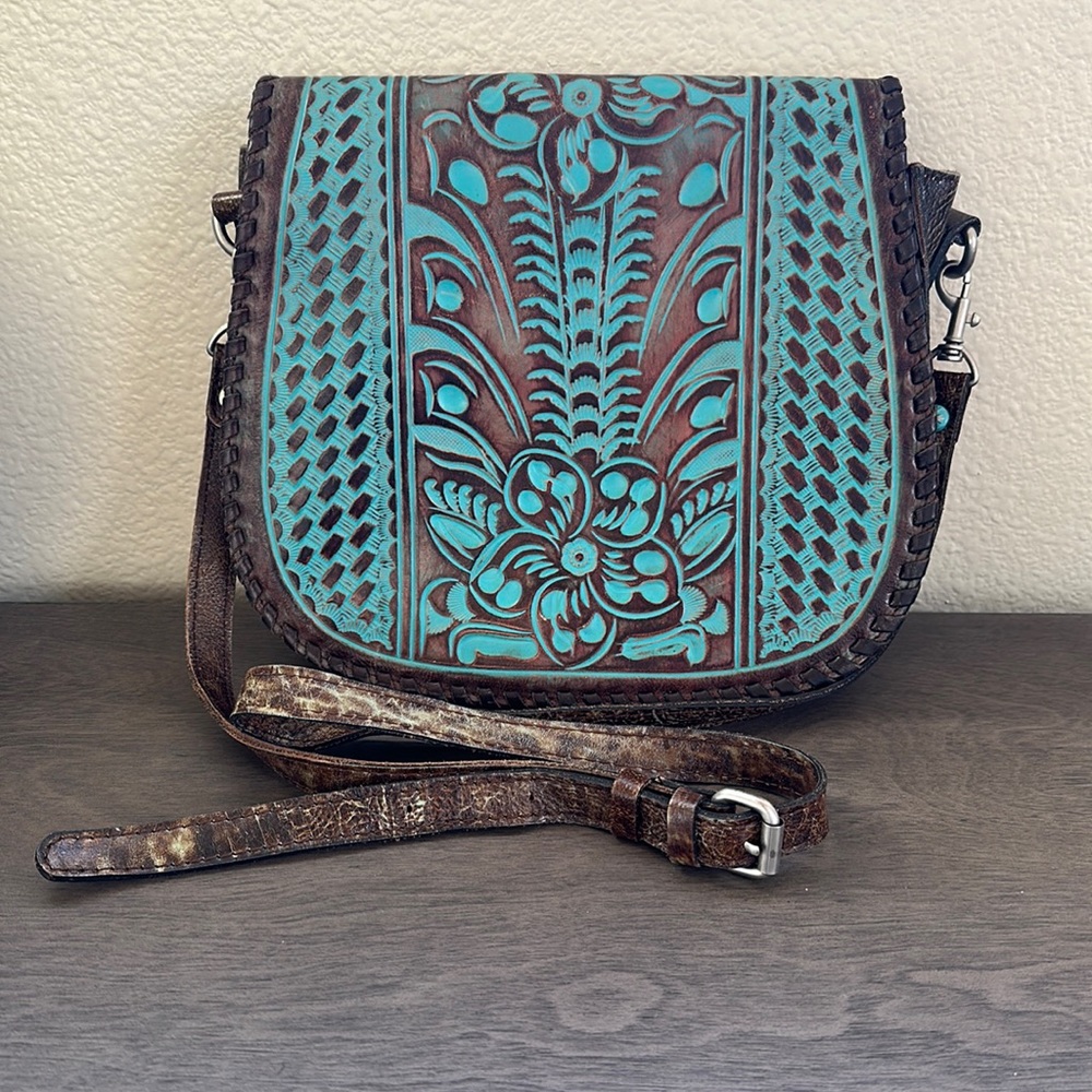Patricia Nash Crossbody Bag Turquoise Brown Leather